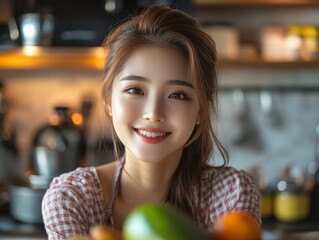 Smiling woman in kitchen holding fruit bowl