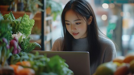 Young woman working on a laptop in a fresh produce store
