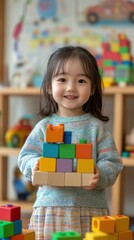 Smiling toddler girl playing with colorful wooden blocks