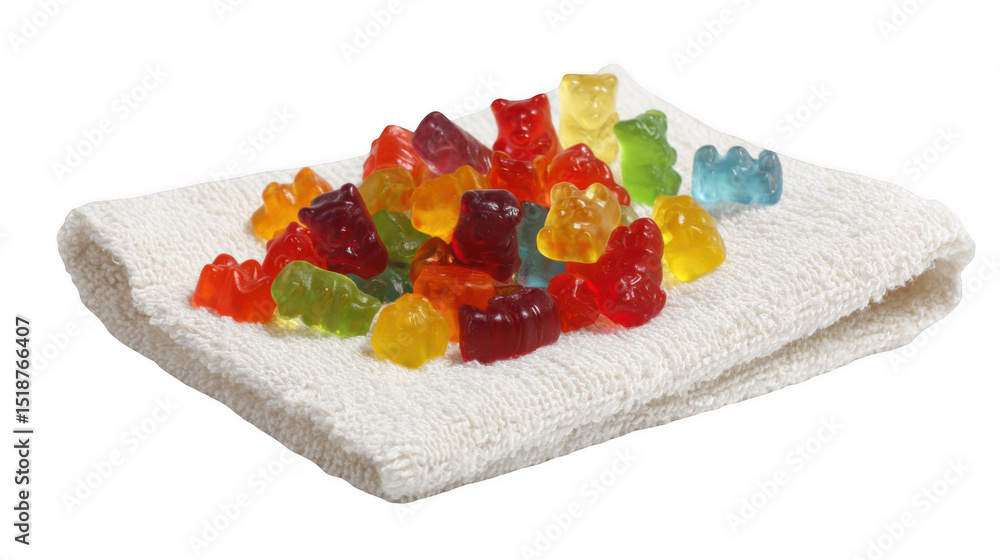 Poster pile of colorful gummy bears in various colors and shapes is sitting on a soft white towel, creating