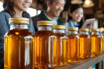 Happy family enjoying homemade honey beverages