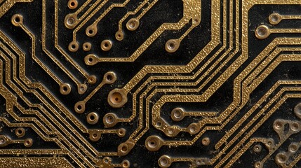 Golden circuit board pattern with black details, showcasing modern technology and intricate design