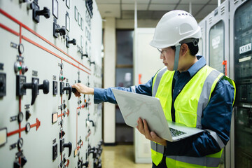 Electrical engineer in safety helmet and vest is performing inspection with laptop in substation...