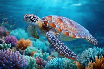 Fototapeta premium Ocean environmental restoration concept. A sea turtle swims gracefully above vibrant coral reefs in clear blue ocean water.