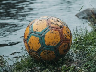 Muddy soccer ball by the water's edge
