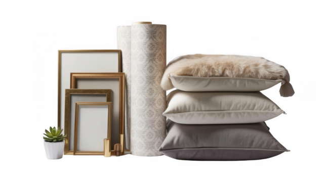 Golden picture frames, wallpaper roll, cushions, small plant and decorative elements are arranged on a transparent background, suggesting interior design and home decoration choices