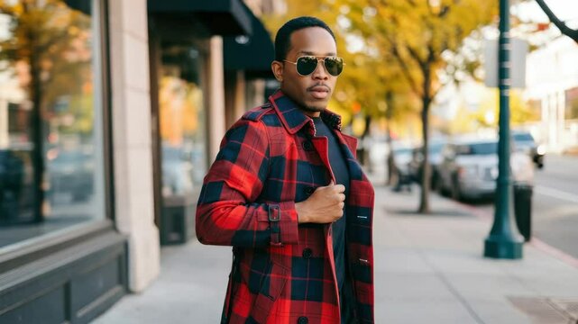 Stylish Black male model in red plaid coat outdoors autumn