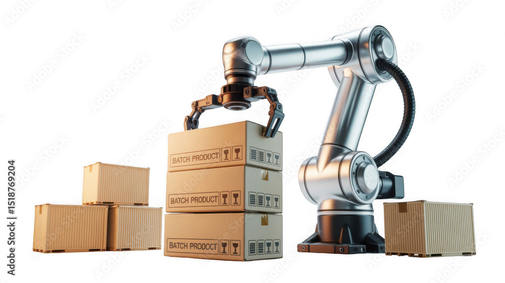 Poster modern robotic arm lifting a stack of cardboard boxes labeled batch product with other boxes nearby,