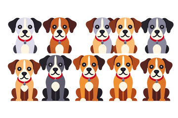 Naklejka premium Cute Cartoon Dog Breed Illustrations-Vector Puppy Clipart with Collars-Adorable Dog Character Graphics for Pet Lovers-Playful Animal Art Print