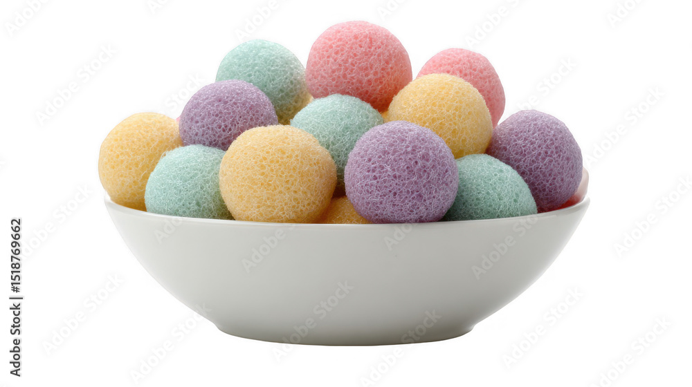 Poster colorful and textured scrub balls are neatly arranged in a white bowl, creating a visually appealing