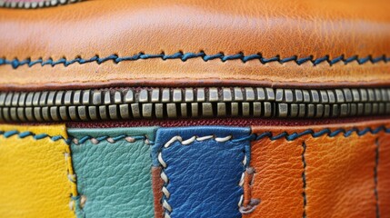 Close-up of colorful leather bag with zipper.  Multi-colored patchwork leather, stitched seams, and metal zipper