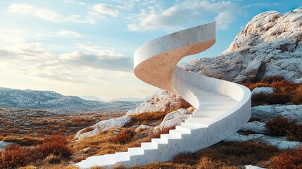 Spiral Staircase of White Stone in Dry Landscape 