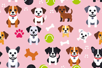 Cute Puppy Pattern Background - Cartoon Dog Illustration - Adorable Pet Design on Pink - Dog Bones and Tennis Balls Graphic