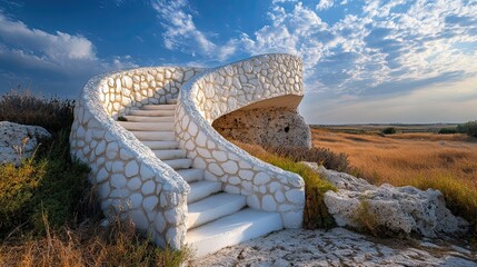 Spiral Staircase of White Stone in Dry Landscape 