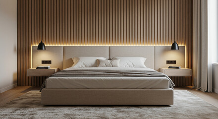 A beige bedroom with a bed and two nightstands and a wooden wall and two black lamps hanging down