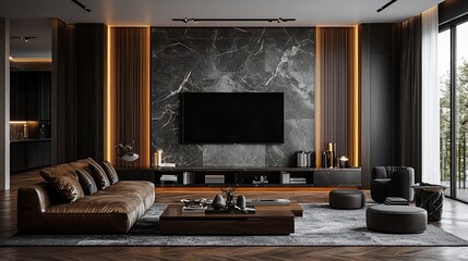 Luxurious living room with marble wall, leather sofa, and modern entertainment center