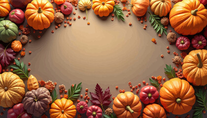 Fototapeta premium Colorful Pumpkins and Autumn Leaves Frame on Brown Background