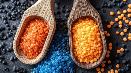 Square Blue and Orange Granules in Wooden Scoops