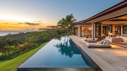 Fototapeta premium Sunset view luxury home with infinity pool and expansive patio