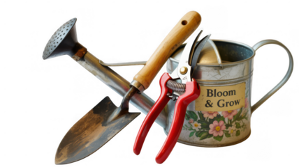 Gardening tools consisting of a small trowel, watering can, and pruning shears are leaning on a metal watering can with a transparent background