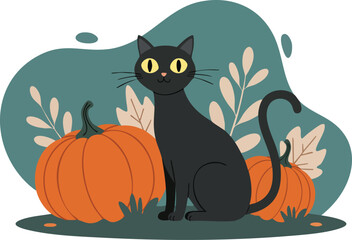 Black cat with pumpkins autumn harvest seasonal decoration vector illustration 