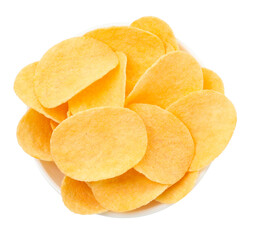 Tasty chips in bowl isolated on white, top view
