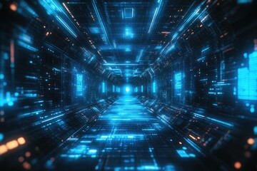 Futuristic tunnel with glowing digital pathways