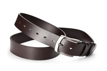 One brown leather belt isolated on white