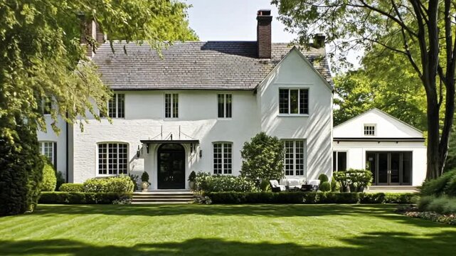 Modern house architecture, blending traditional architectural elements with contemporary design, featuring grand facade, large windows, manicured garden