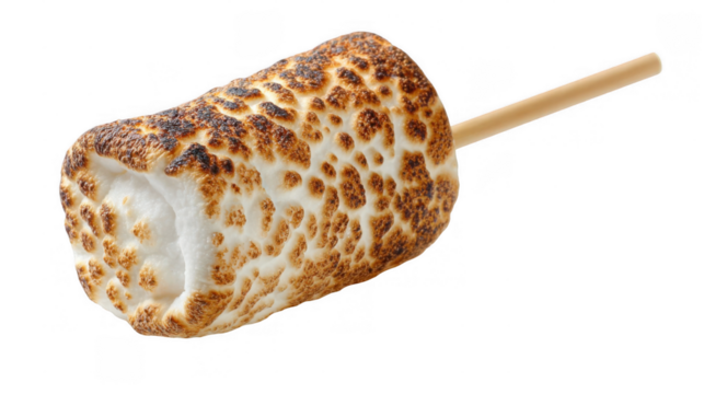 Perfectly roasted marshmallow, skewered on a wooden stick, displaying a beautiful golden brown exterior with enticing bubbly texture against a transparent background
