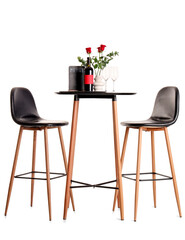 Served restaurant table with roses on white background