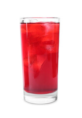 Delicious hibiscus tea with ice cubes in glass isolated on white
