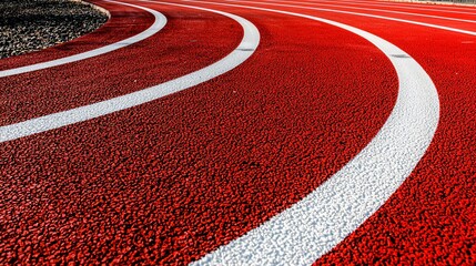 A close-up view of a red running track with white lines curving to the right