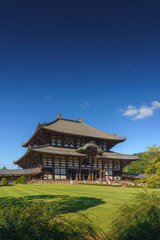 Fototapeta premium Nara, Japan - Sep 26 2024, vertical, Panoramic view of Todaiji Temple with lawn and trees in the foreground, at daytime with clear blue sky, Nara, Japan