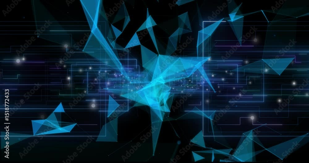 Poster faint neon-blue grid animating causing blue shapes emerging and drifting outward visualizing data