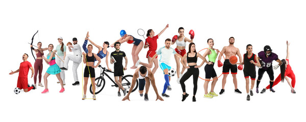 People engaged in different sport activities on white background, collage