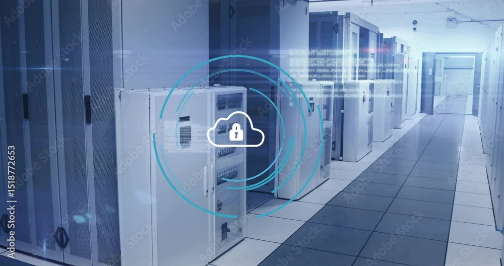 Poster cloud outline materializing over cabinets, lock icon appearing and rings pulsing to enable security