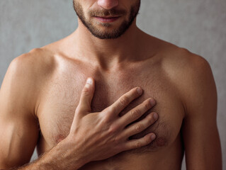 Man holding chest with hand showing discomfort or pain, close up of bare torso and beard, health and wellness concept
