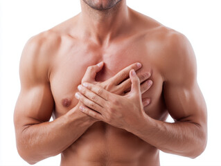Man holding chest in pain, showing muscle and skin texture, isolated on white background with emotional discomfort