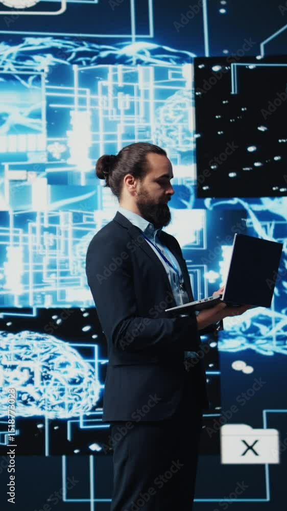 Poster vertical video tech professional engaging with ai research and virtual assistants and data processin