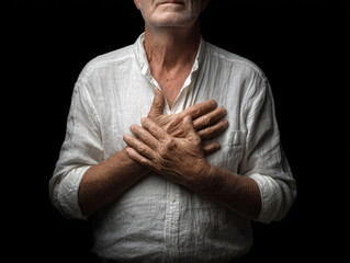 Elderly man in white shirt holding chest with both hands showing pain and discomfort in dark background