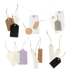 Many blank tags on white background, collage. Mockup for design