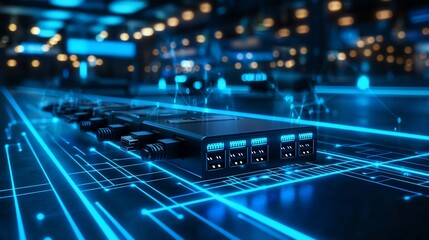 Black USB hub with multiple ports on a blue glowing circuit board