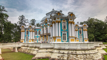 Hermitage pavilion timelapse hyperlapse in Catherine park in Tsarskoe Selo near Saint Petersburg,...