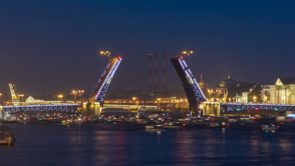 Opening Palace Bridge timelapse, a lot ships and boats. Russia, Saint-Petersburg
