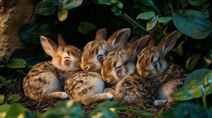 Obraz premium Four adorable baby bunnies huddle together for warmth and sleep amidst lush green foliage