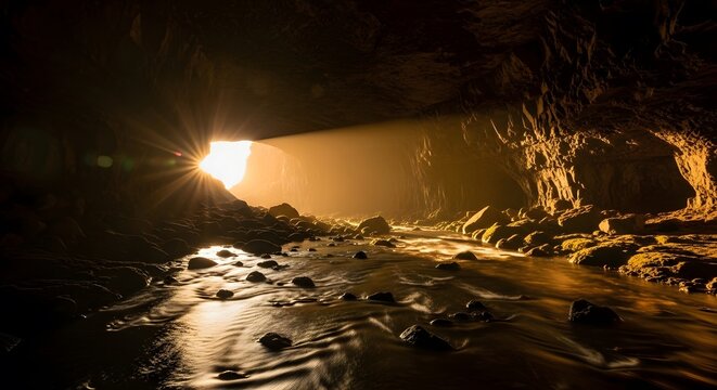 Cave with River and Sunlight