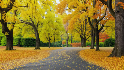 Autumn Park. A road running into the distance. Beautiful landscape. AI generation.