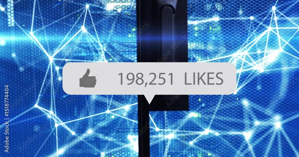 Poster bubble placeholder appearing, speech-bubble updating like counts, network lines pulsing engagement