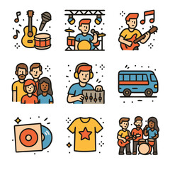 Music Icon Set: A vibrant collection of icons showcasing musical instruments, performers, and related elements, perfect for design projects with a melodic theme.